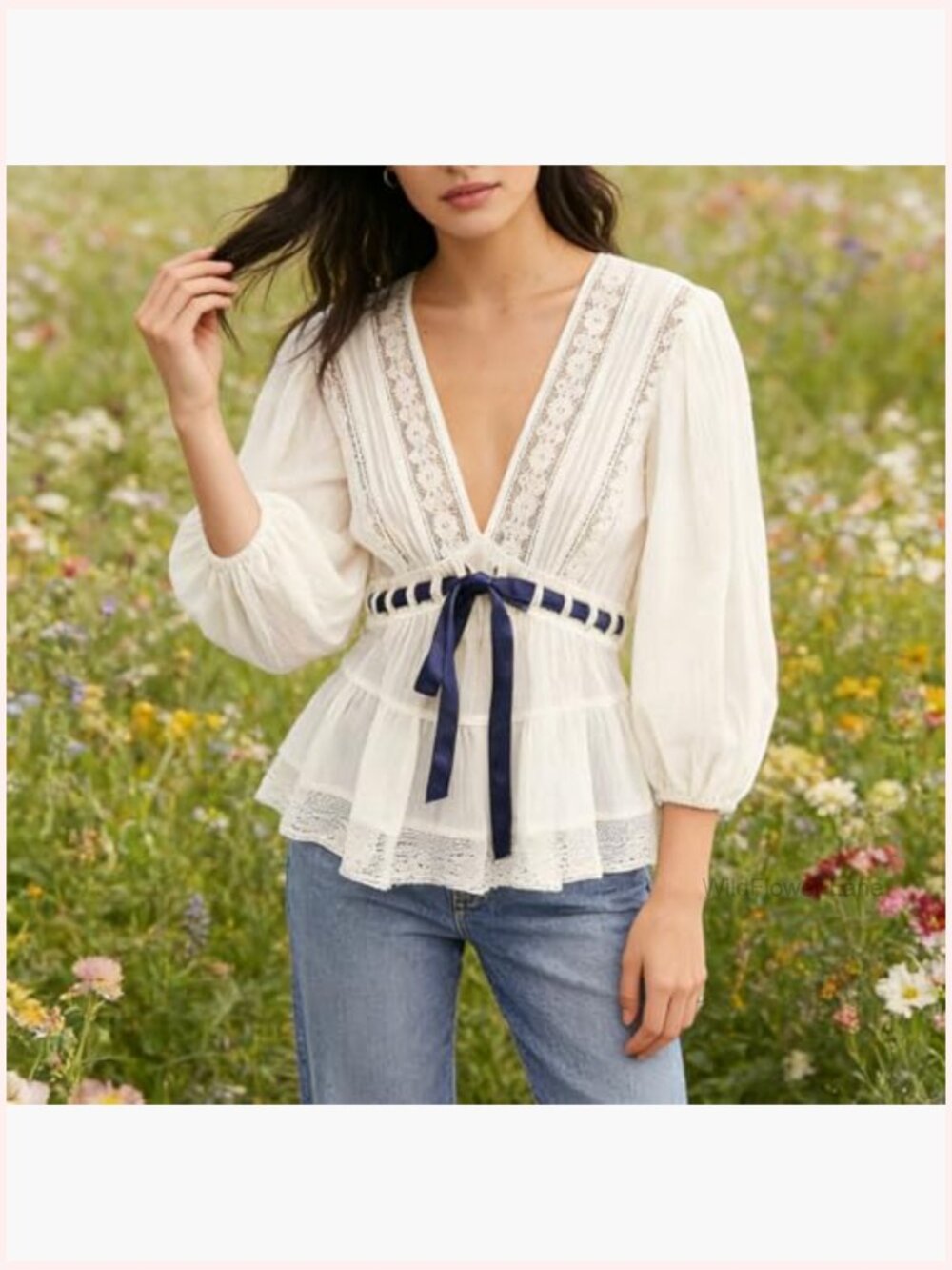 Sheer Lace Trim Puff Sleeve Blouse Tie Front Flowy Peplum Tunic - Picture 3 of 7
